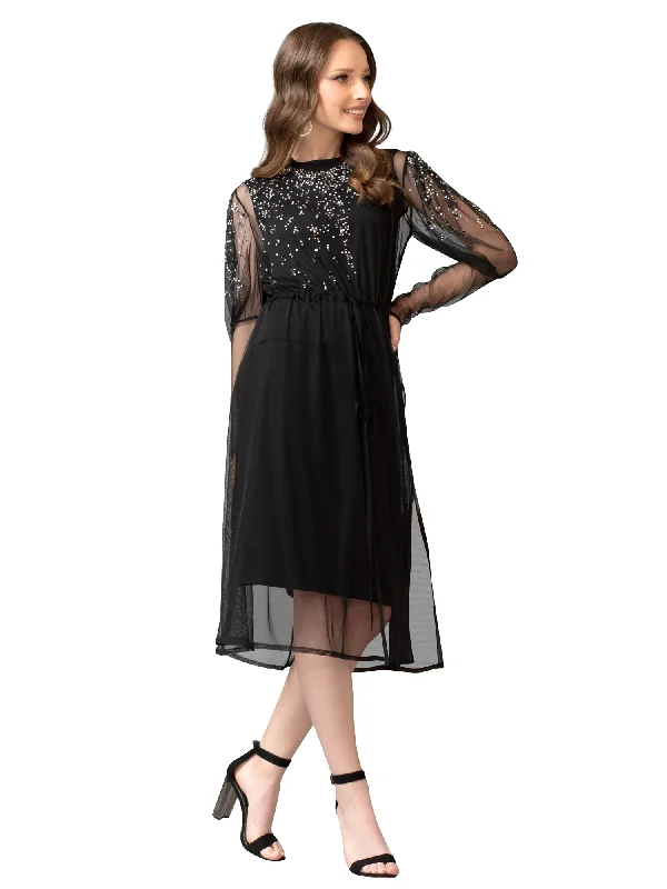 casual midi dressBianco Nero Studded Puff Sleeve Overlay Dress