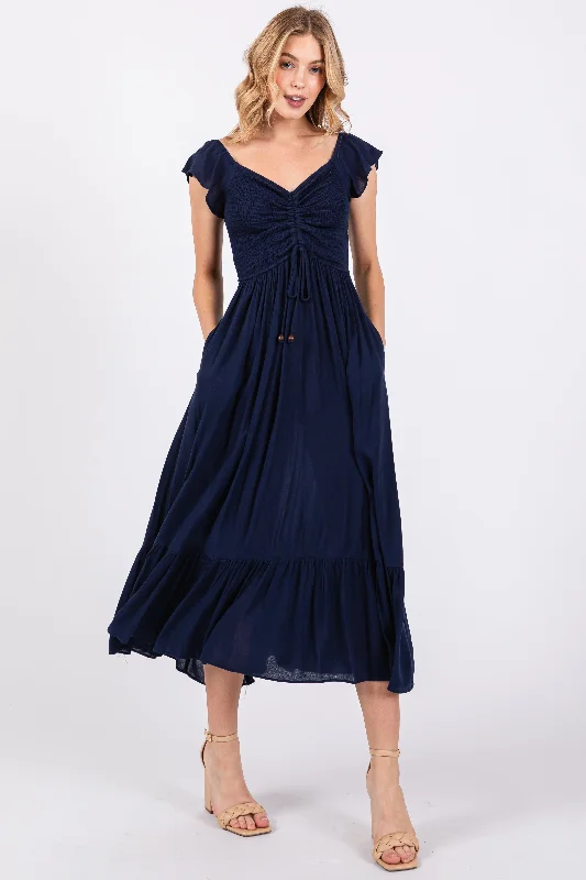 Daily Specials velvet dressNavy Smocked Ruched Ruffle Hem Maxi Dress