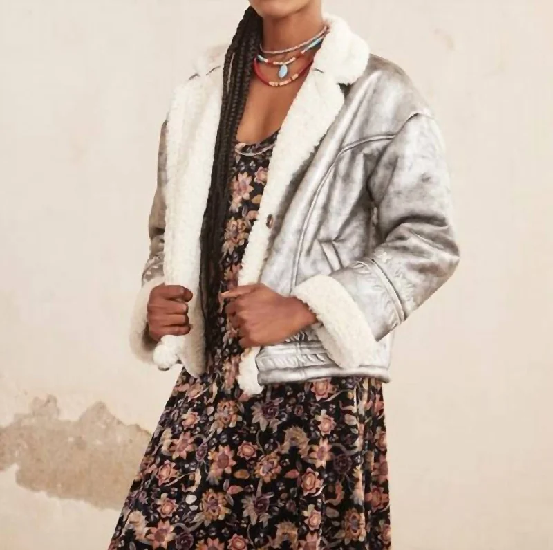 Best Seller Metallic Bomber Jacket Shearling Cuffs In Silver