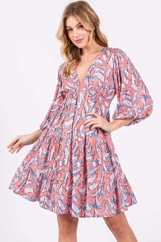 Fantastic Deals silk dressCoral Printed Tiered Sweetheart Dress