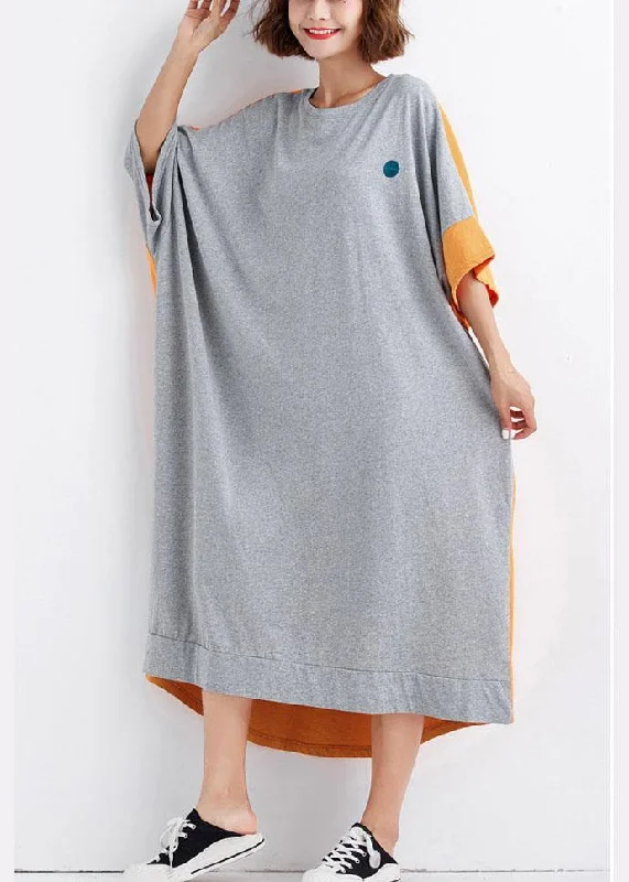 One-DAY Sale relaxed fit dressBohemian Grey Patchwork Orange Low High Graphic Summer Half Sleeve Vacation Dress