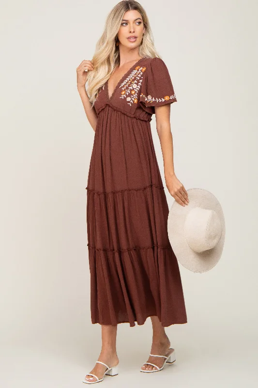 Buy More, Save More trendy bodycon dressBrown Embroidered Tiered Maxi Dress