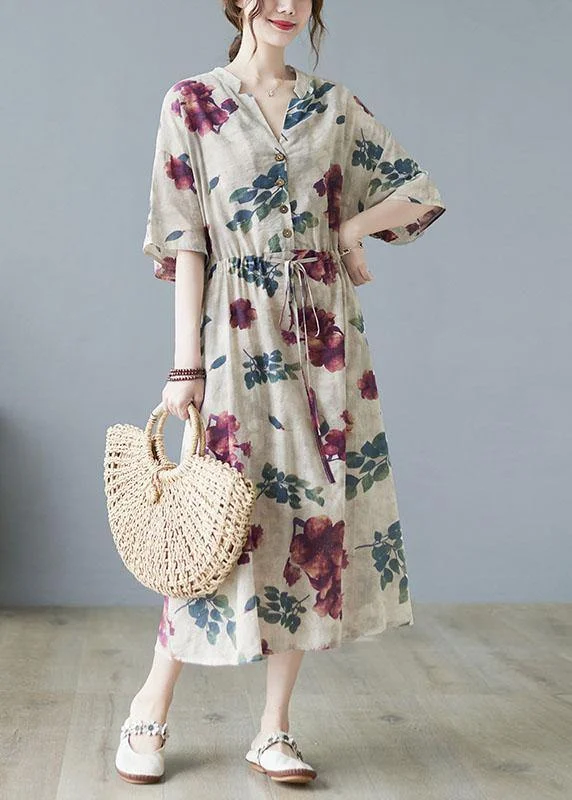 Early Access office dressModern Khaki V Neck Button Summer Tie Waist Party Dresses Half Sleeve