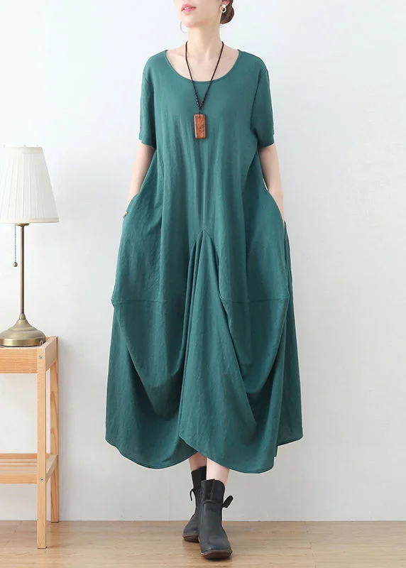 Exclusive Offers cocktail party dressFrench Green O-Neck Wrinkled Cotton Party Dress Short Sleeve