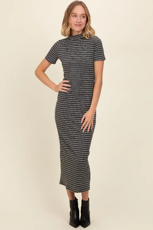 Price Reduction ruched dressCharcoal Striped Mock Neck Fitted Midi Dress