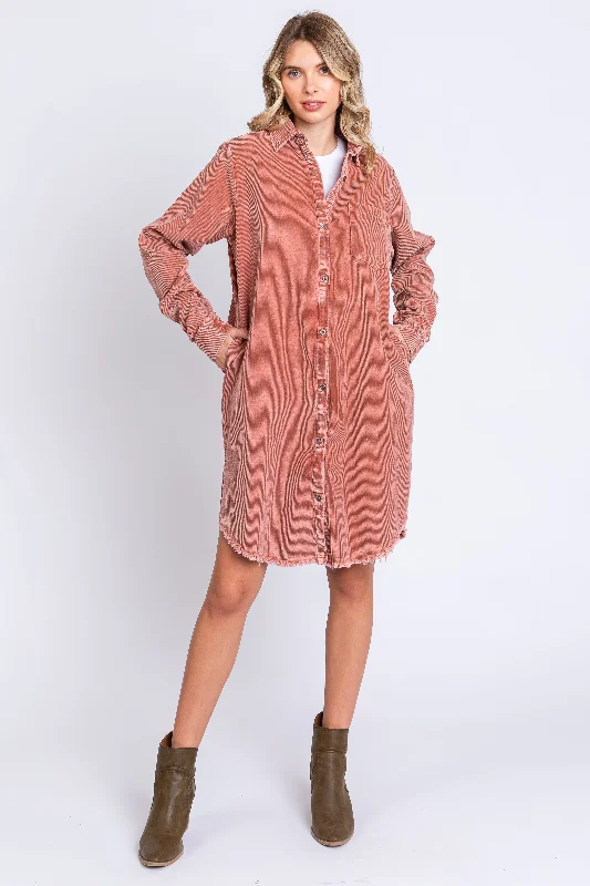 Factory Direct Sale chic dressRust Corduroy Button Down Collared Dress