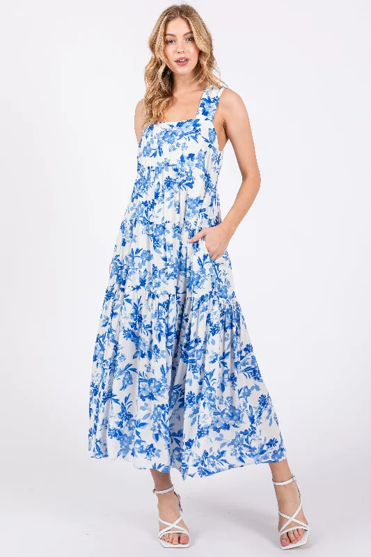 YEAR-End Sale classic fit-and-flare dressBlue Floral Sleeveless Tiered Maxi Dress