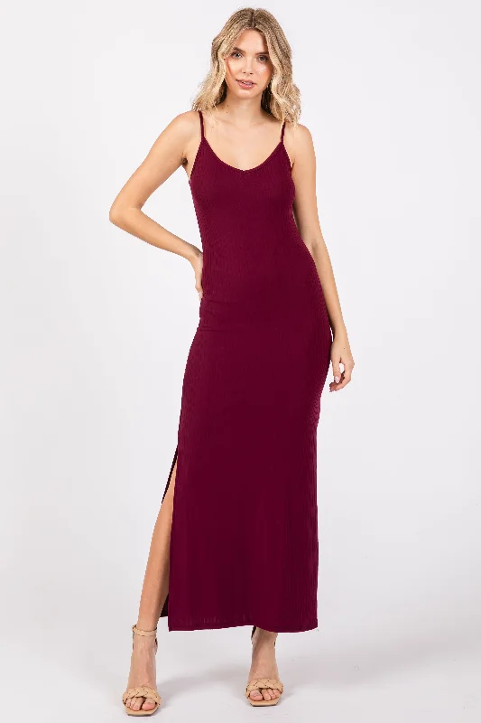 Savings Spectacular ruched dressBurgundy Ribbed Side Slit Maxi Dress