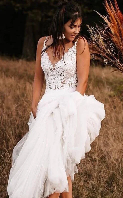 casual day dressLace Tulle Sweep Train A Line Sleeveless Casual Wedding Dress with Appliques-715985