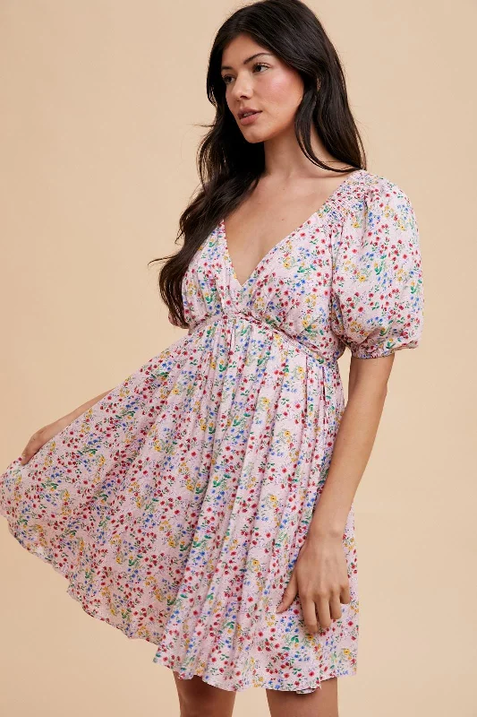 Overstock pleated maxi dressPink Floral V-Neck Cutout Back Dress