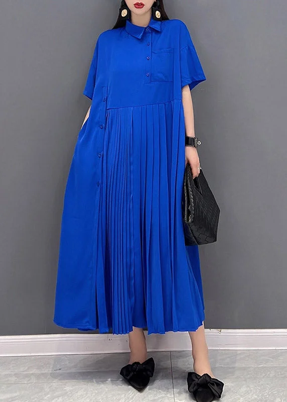 Savings Bonanza sleek midi dressDiy Blue Peter Pan Collar Patchwork Wrinkled Button Pockets Chiffon Dress Short Sleeve