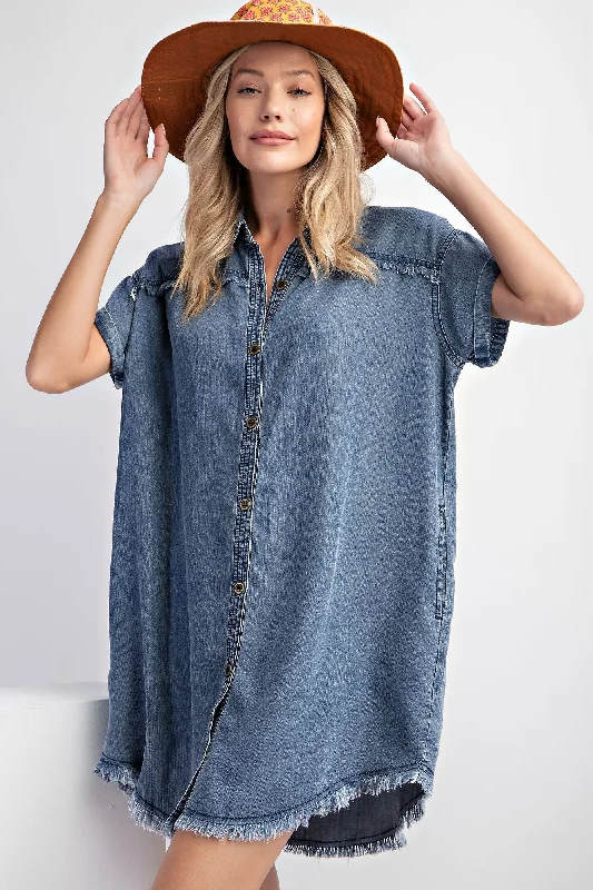 Closeout trendy mini dressNavy Chambray Frayed Button Down Dress