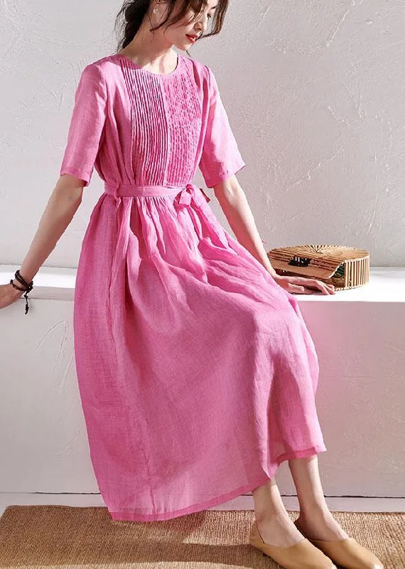 Unmissable Offer chic shift dressStyle Rose Cinched Sashes Summer Ramie Sundress Half Sleeve