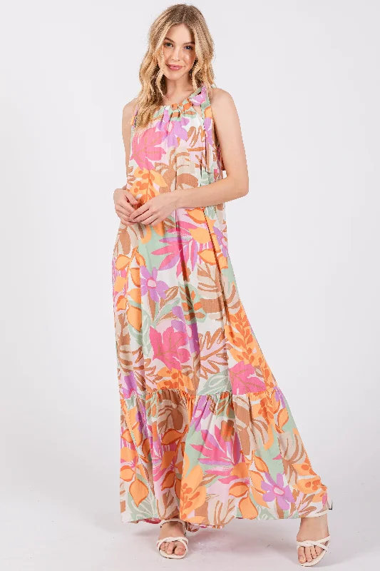 Exclusive Savings floral midi dressPink Floral Shoulder Tie Empire Maxi Dress