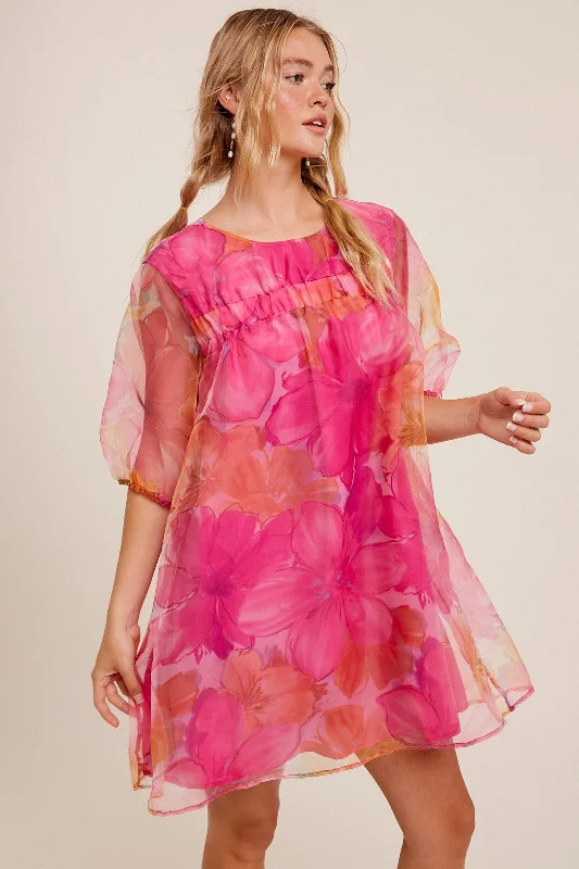 Deal Dash casual midi dressPink Floral Print Puff Sleeve Babydoll Dress