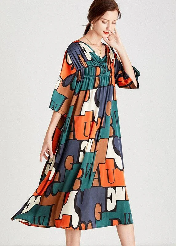 Buy Now modern dressModern Orange Green Print V Neck Summer Holiday Dress Half Sleeve