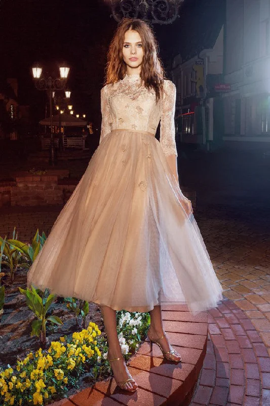 classic fit-and-flare dressA-Line Tea-Length High Neck Half Sleeve Tulle Illusion Prom Homecoming Evening Dress With Appliques And Flower-MK_333461