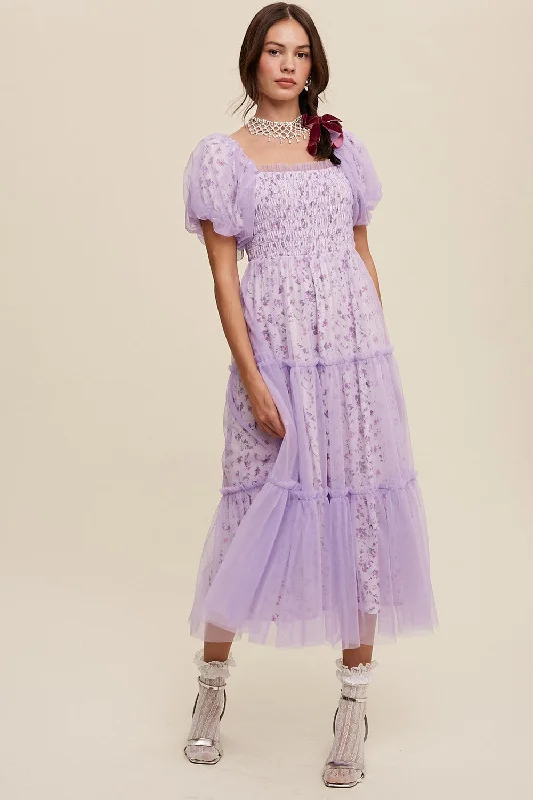 Must-Have Deals modern dressLavender Floral Lined Smocked Tulle Midi Dress