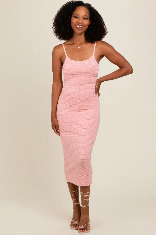 Big Savings comfy maxi dressPink Fitted Spaghetti Strap Midi Dress