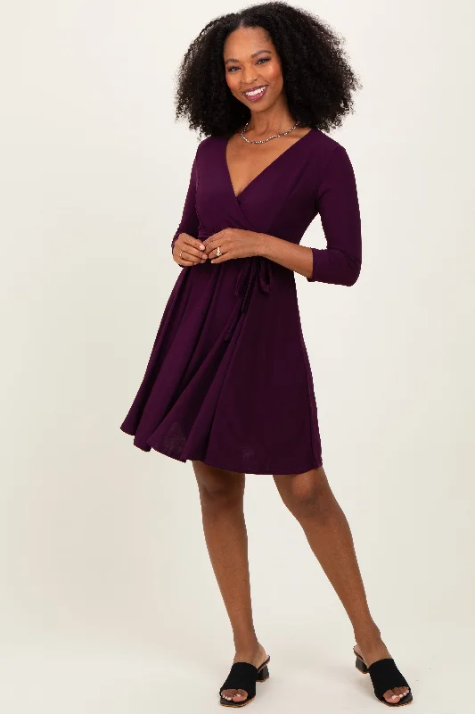 Savings Spectacular trendy wrap dressPurple 3/4 Sleeve Nursing Sash Tie Wrap Dress