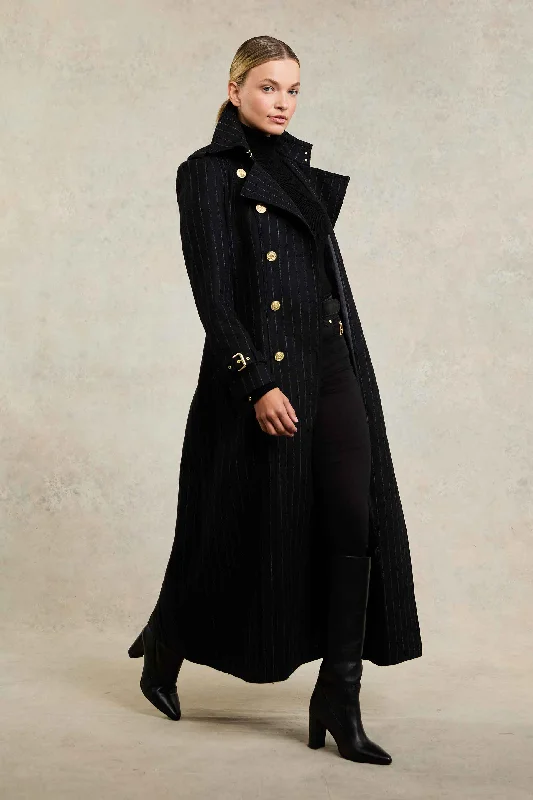 relaxed fit coatFull Length Marlborough Trench Coat (Black Pinstripe)