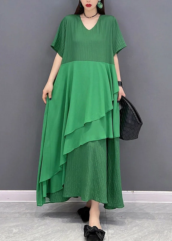 Instant Discount flowy evening dressModern Green V Neck Asymmetrical Patchwork Long Dress Short Sleeve Instant Discount flowy evening dressModern Green V Neck Asymmetrical Patchwork Long Dress Short Sleeve
