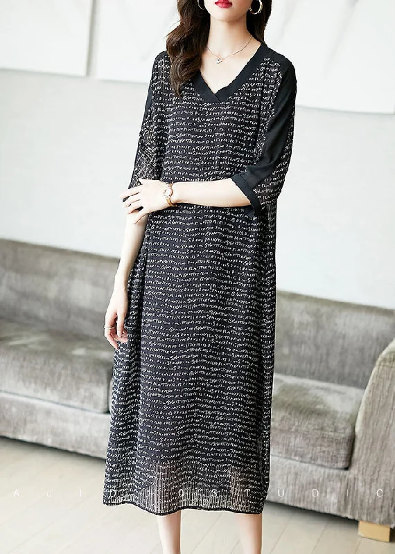 Time-Limited Offer fitted cocktail dressLoose Black V Neck Letter Print Chiffon Long Dresses Half Sleeve