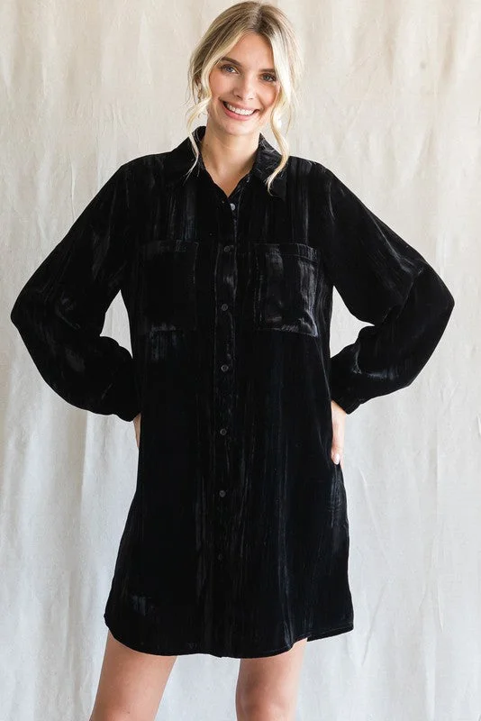 Limited Stock long-sleeve floral dressBlack Velour Button Up Dress