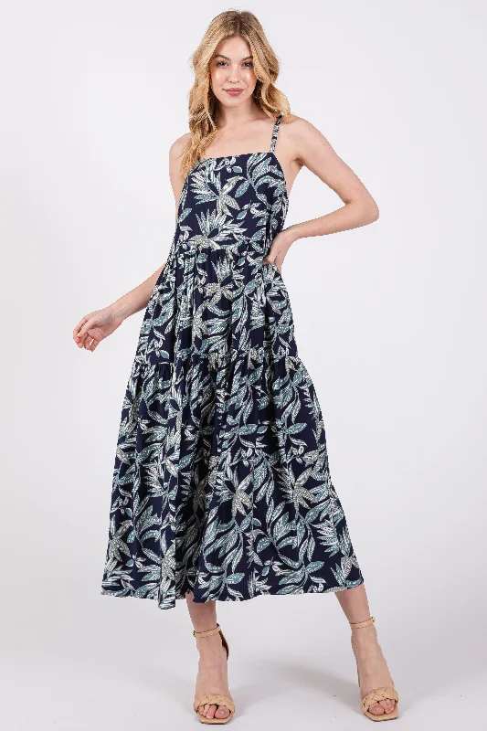 Low Prices boho dressNavy Blue Leaf Print Square Neck Tiered Midi Dress