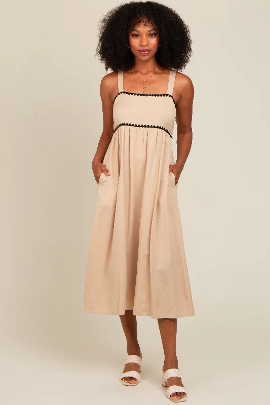 Closeout shift dressBeige Contrast Trim Midi Dress