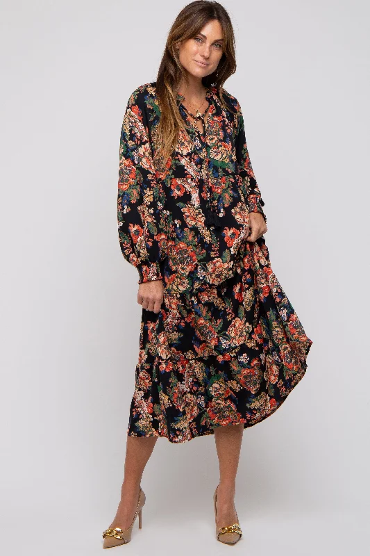 Special Promotion long sleeve dressBlack Floral Ruffle Neck Tiered Midi Dress