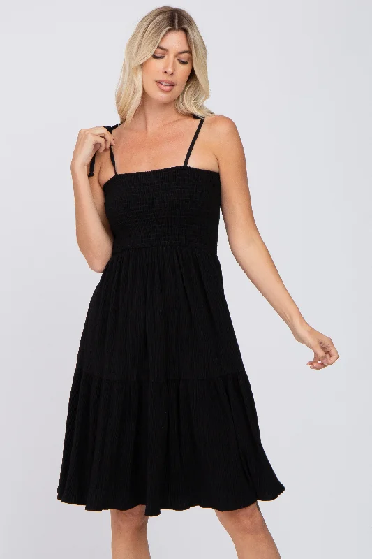 Deep Discounts summer floral dressBlack Smocked Shoulder Tie Dress