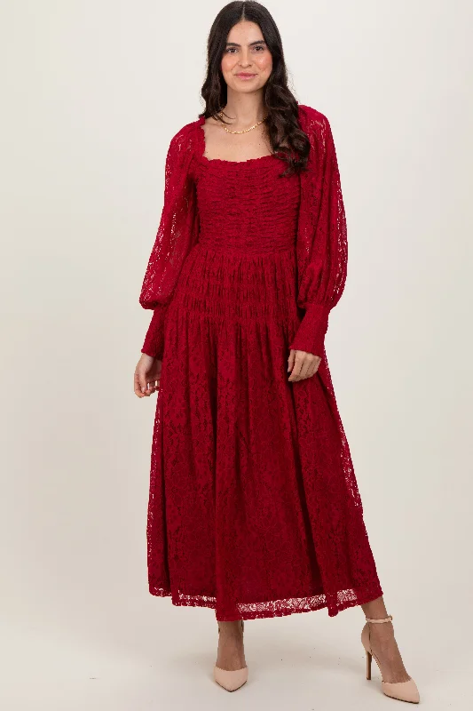 Price Slash textured dressBurgundy Lace Smocked Bubble Sleeve Maxi Dress