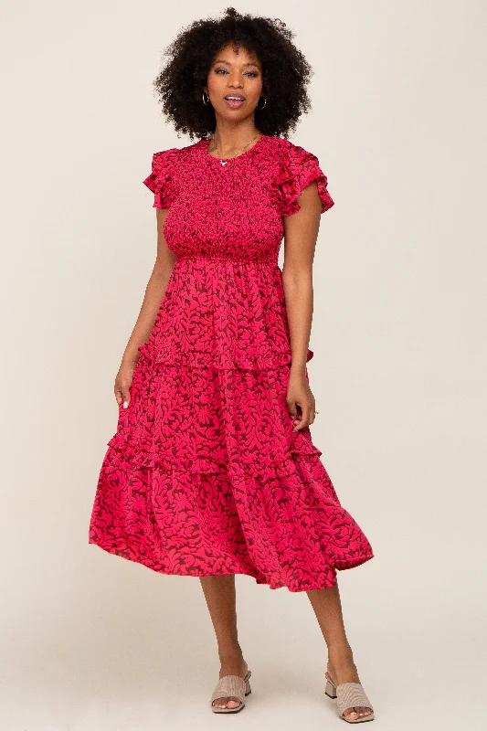 Stock Up and Save chic dressFuchsia Print Smocked Ruffle Tiered Midi Dress