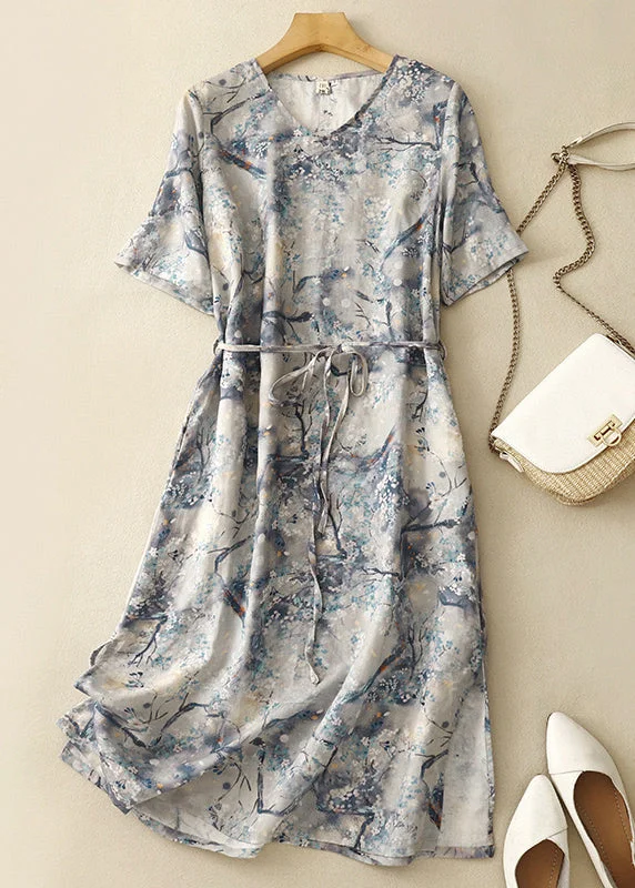 trendy bodycon dressChic Blue V Neck Print Tie Waist Cotton Dresses Summer