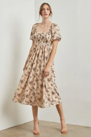 Daily Deals printed dressCream Floral Smocked Short Puff Sleeve  Midi Dress