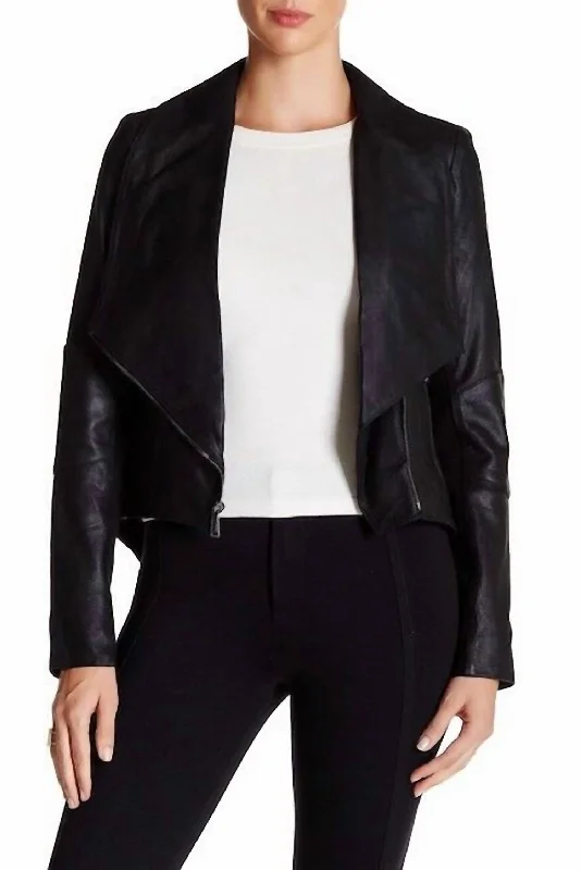 Lamb Suede Leather Drape Tail Collar Jacket In Black