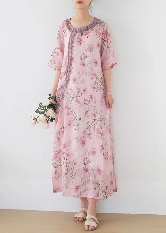 Super Deal layered dressWomen Pink Print Embroidery Oriental Summer Linen Dress
