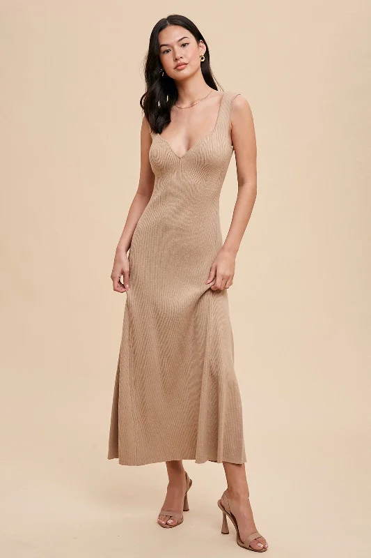 Daily Deals fitted cocktail dressBeige Knit Deep V-Neck Maxi Dress