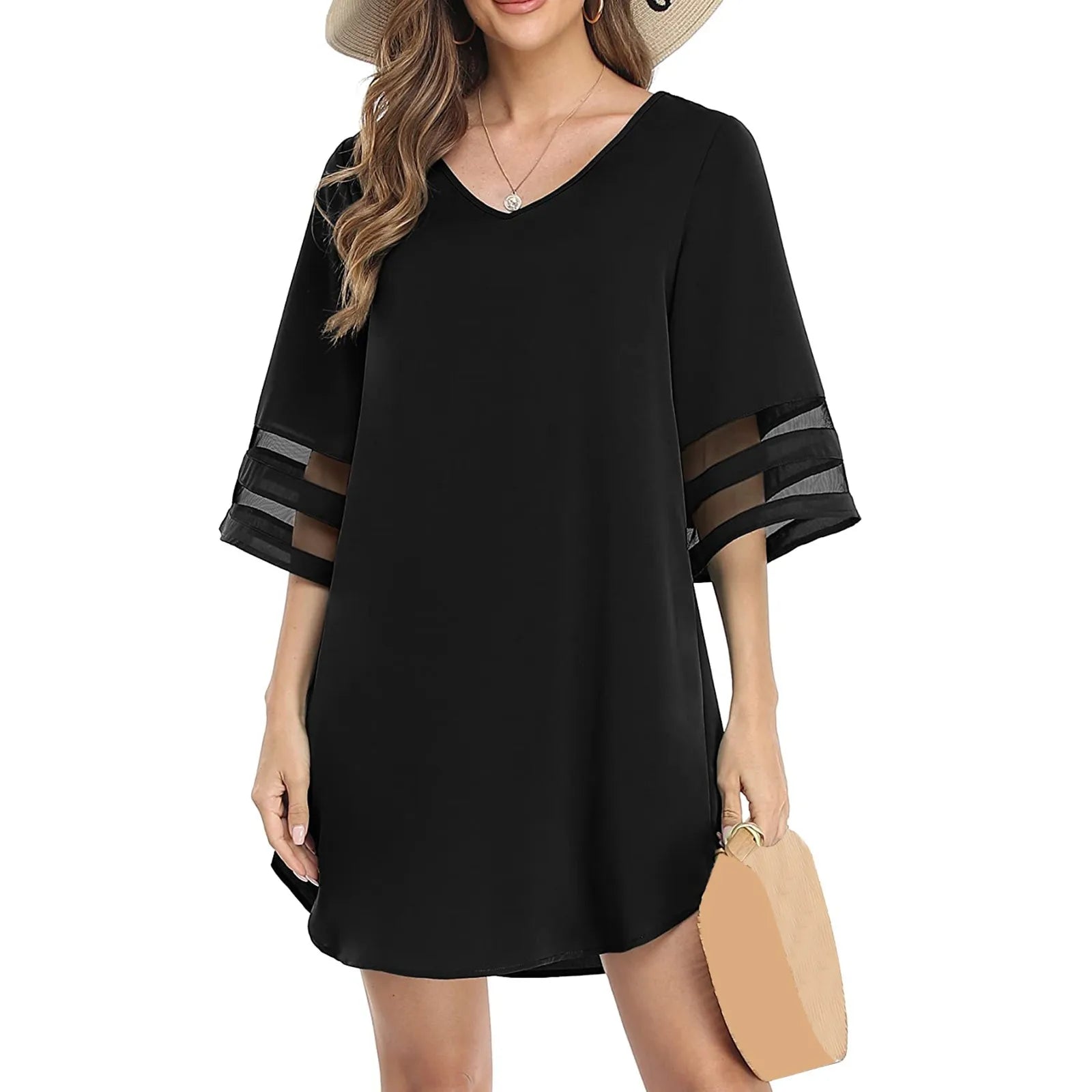 structured dressJuliaFashion - 2024 Summer Chiffon Bell Sleeve New Fashion Solid Color Loose Cover Ups Casual V Neck Mesh Panel Mini Sun Dress