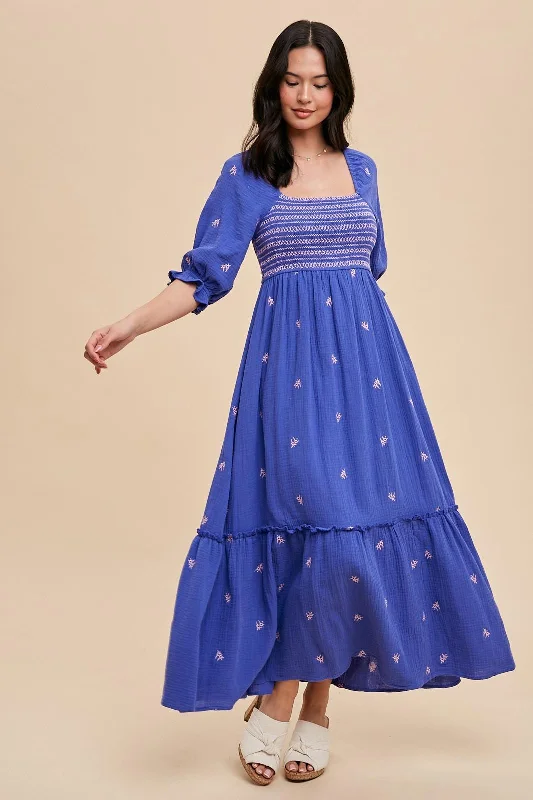 Huge Discounts trendy wrap dressRoyal Blue Gauze Smocked Embroidered Square Neck Midi Dress Huge Discounts trendy wrap dressRoyal Blue Gauze Smocked Embroidered Square Neck Midi Dress