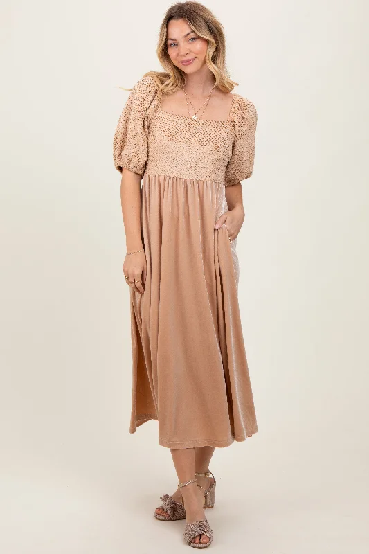 Final Sale romantic dressTan Velvet Contrast Square Neck Midi Dress