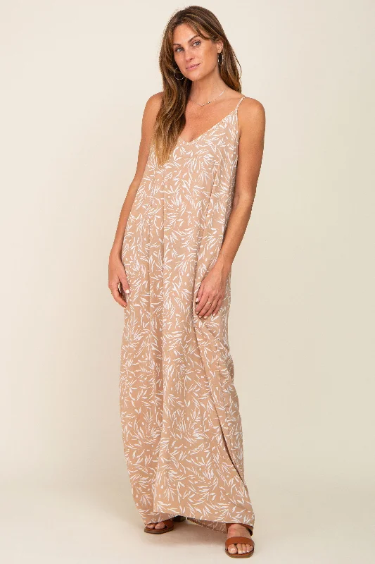 Price Blitz trendy dressTaupe Leaf Print Double V-Neck Maxi Dress