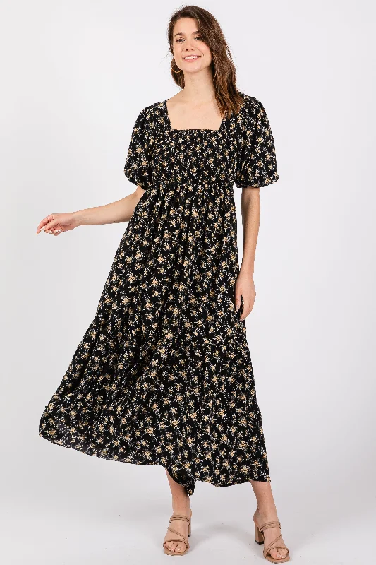 Bonus Savings midi dressBlack Floral Smocked Square Neck Short Puff Sleeve Midi Dress Bonus Savings midi dressBlack Floral Smocked Square Neck Short Puff Sleeve Midi Dress