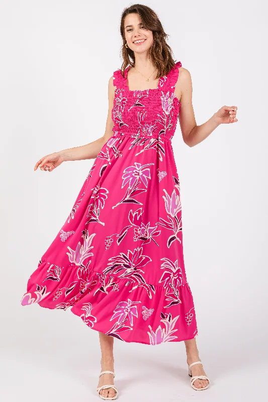 Limited Time Offer sleek midi dressFuchsia Floral Smocked Midi Dress