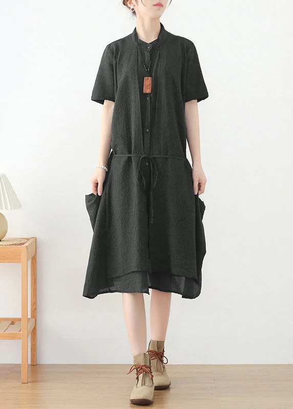 One-DAY Sale t-shirt dressItalian Army Green Stand Collar Tie Waist Linen Dress Short Sleeve