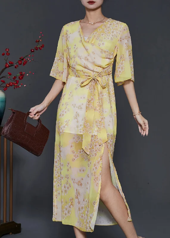 floral wrap dressSilm Fit Yellow Print Side Open Chiffon Holiday Dresses Summer