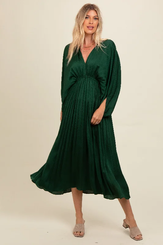 Year-End Sale printed dressForest Green Satin Pleated V-Neck Maxi Dress