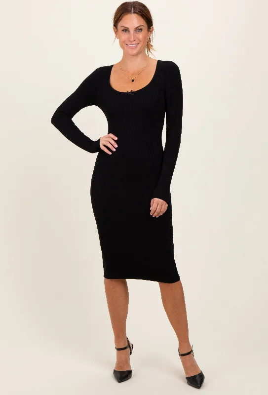Huge Discounts sleeveless dressBlack Bow Trim Neckline Long Sleeve Midi Dress
