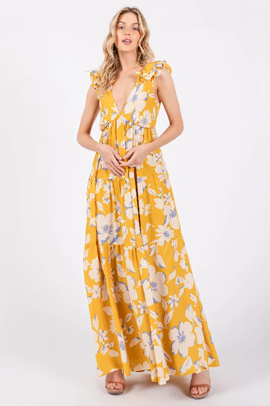 Early Bird Discount romantic dressYellow Floral Deep V-Neck Open Back Maxi Dress